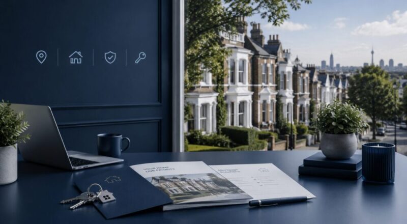 Mortgage Broker in North West London workspace overlooking a leafy residential street, with house keys, mortgage documents and property icons in Connect’s blue brand colours.