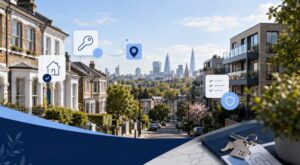 Mortgage Broker in South London with local homes, modern apartments, London skyline and mortgage-related icons.