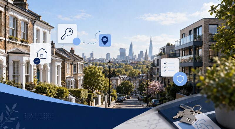 Mortgage Broker in South London with local homes, modern apartments, London skyline and mortgage-related icons.