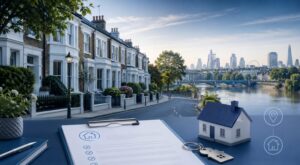 Mortgage Broker in South West London with terraced homes, a riverside setting, property documents, house keys and location icons.