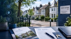Mortgage Broker in West Acton hero image featuring a leafy residential street, local homes, mortgage paperwork, property keys and location icons.
