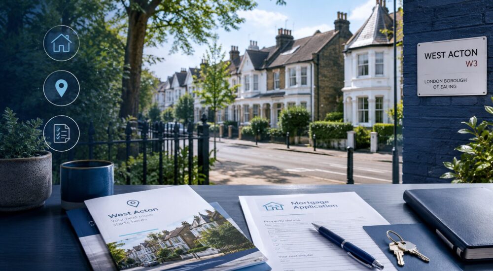 Mortgage Broker in West Acton hero image featuring a leafy residential street, local homes, mortgage paperwork, property keys and location icons.
