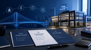 Bridge-to-Commercial Mortgage Finance with commercial property, bridging finance documents and long-term funding icons.