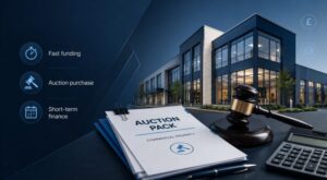Commercial Auction Bridging Loans with auction gavel, commercial property, auction pack and short-term finance icons.