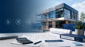 Commercial Refurbishment Bridging Loans with building renovation plans, calculator and commercial property under refurbishment.