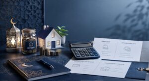 Islamic Home Finance Deposits and Affordability planning with a model house, savings jar, coins, calculator and monthly budget documents.