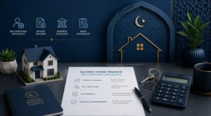 Islamic Home Finance for Self-Employed applicants, illustrated with a house model, financial records, calculator and Sharia-compliant finance symbols.