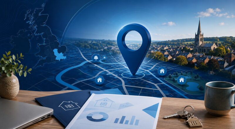Mortgage Broker in Ampthill location map with property icons, house keys and a Bedfordshire town view.