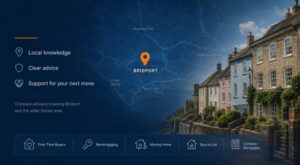 Mortgage Broker in Bridport hero image featuring a Dorset map with Bridport location pin, local stone and coastal-style properties, and mortgage advice icons.