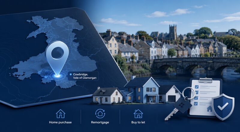 Mortgage Broker in Cowbridge location map with property, key, mortgage checklist and home finance icons in Connect’s blue branding.