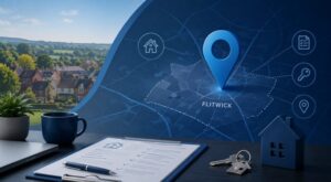 Mortgage Broker in Flitwick location map with property, keys and mortgage document icons.
