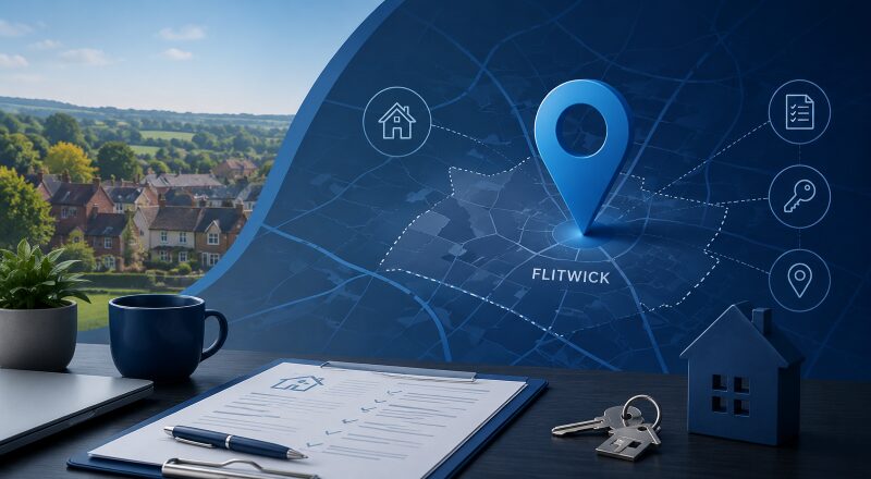 Mortgage Broker in Flitwick location map with property, keys and mortgage document icons.