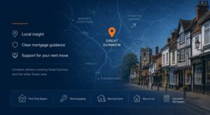 Mortgage Broker in Great Dunmow hero image featuring a Great Dunmow location map, Essex market town streetscape, and mortgage advice icons.