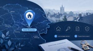 Connect Experts location-focused hero image for a Mortgage Broker in Great Missenden, featuring a Buckinghamshire map, property icons, mortgage paperwork and house keys.