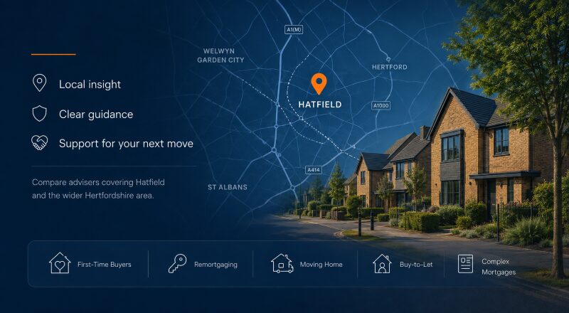 Mortgage Broker in Hatfield hero image featuring a Hatfield location map, local area pin, residential property and mortgage advice icons.