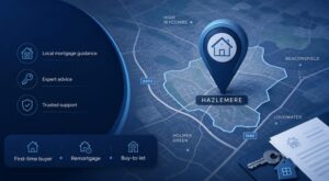 Mortgage Broker in Hazlemere location map with mortgage, home, key and trusted advice icons in Connect Experts blue branding.