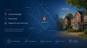 Mortgage Broker in Hinckley hero image featuring a local Hinckley map with location pin, nearby Leicestershire areas, residential homes, and mortgage advice icons for homebuyers and property owners.