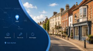 Mortgage Broker in Holt, Norfolk, with location map pin and mortgage service icons for residential, buy-to-let and remortgage advice.
