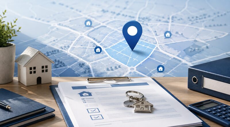 Mortgage Broker in Houghton Regis location map with property icons, mortgage paperwork, house keys and blue location pin.