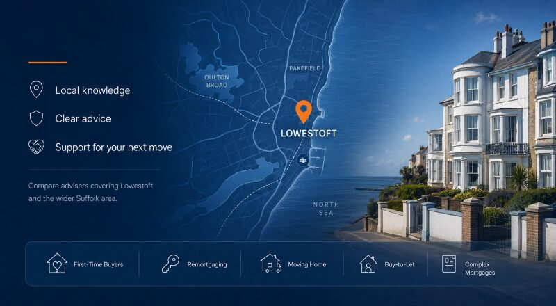 Mortgage Broker in Lowestoft hero image featuring a local map, coastal homes, location pin and mortgage advice icons for buyers and property owners.