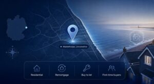 Mortgage Broker in Mablethorpe location map with a coastal Lincolnshire setting, residential homes and mortgage service icons.