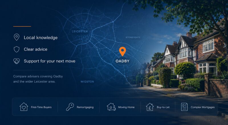 Mortgage Broker in Oadby hero image featuring an Oadby location pin, Leicester-area map, local residential streets and mortgage advice icons.