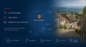 Mortgage Broker in Shaftesbury hero image featuring a Dorset map with a Shaftesbury location pin, Gold Hill cottages, and mortgage advice icons.