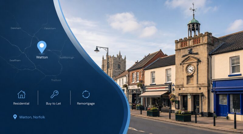 Mortgage Broker in Watton, Norfolk, with location map pin and local town centre landmarks, highlighting residential, buy-to-let and remortgage advice.