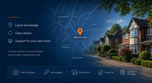 Mortgage Broker in Wigston hero image featuring a local Wigston and Leicestershire map, location pin, residential street, and mortgage advice icons.