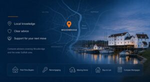 Mortgage Broker in Woodbridge hero image featuring a local map pin, River Deben waterfront and mortgage advice icons.