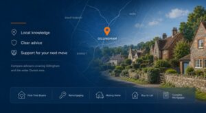 Mortgage Brokers in Gillingham, Dorset hero image featuring a local map with Gillingham location pin, Dorset-style homes and mortgage advice icons.