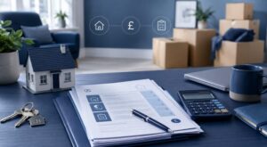 Moving Home Affordability planning with house model, keys, calculator, moving boxes and mortgage paperwork.