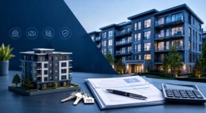 Multi-Unit Freehold Block Mortgages represented by a modern apartment block, property model, keys, mortgage documents and calculator.