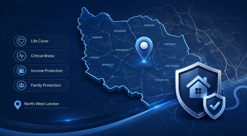Protection Advice in North West London featuring a location map, protection shield, and icons for life cover, critical illness, income protection, and family protection.