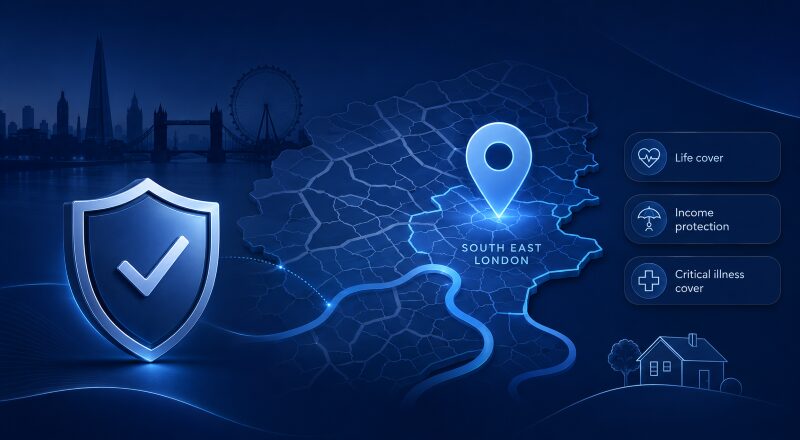 Protection Adviser in South East London with location map, protection shield, and life cover, income protection and critical illness cover icons.