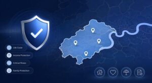 Protection Adviser in South West London with location map pins, protection shield, and life cover, income protection, critical illness and family protection icons.