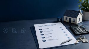 Second Charge Mortgage Costs checklist with calculator, house model, property keys and fee icons.