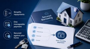 Second Charge Mortgage for Debt Consolidation with secured borrowing documents, house model, calculator and simplified repayment icons.