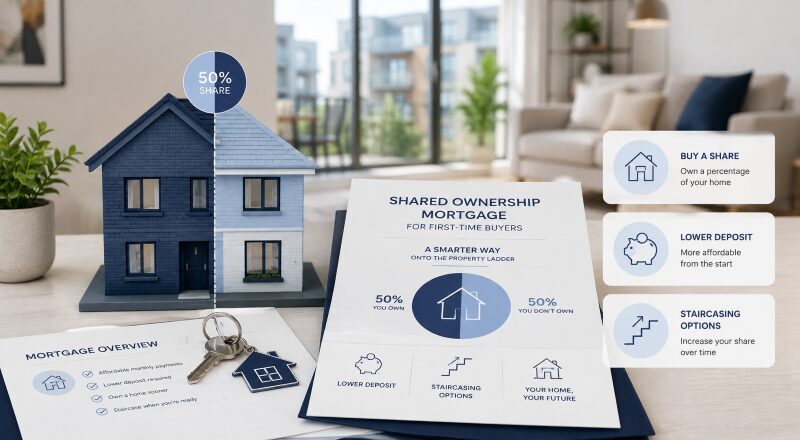 Shared Ownership Mortgages for First-Time Buyers, illustrated by a split-share model home, keys and mortgage documents.
