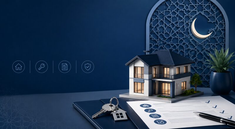 Sharia-Compliant Buy-to-Let Finance represented by a rental property model, keys and finance documents with subtle Islamic geometric details.