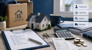 The Real Cost of Moving Home With a Mortgage – moving boxes, house model, keys, calculator and typical moving costs.
