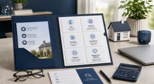 What Equity Release Advisers Should Compare professional desk scene with comparison folder, checklist, calculator, house model, and branded blue documents.