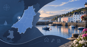 Mortgage Broker in Aberaeron with Ceredigion map, location pin and Aberaeron harbour waterfront.