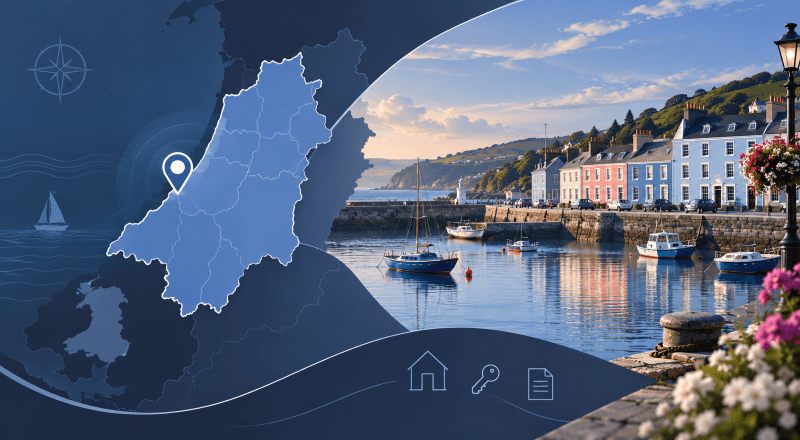 Mortgage Broker in Aberaeron with Ceredigion map, location pin and Aberaeron harbour waterfront.