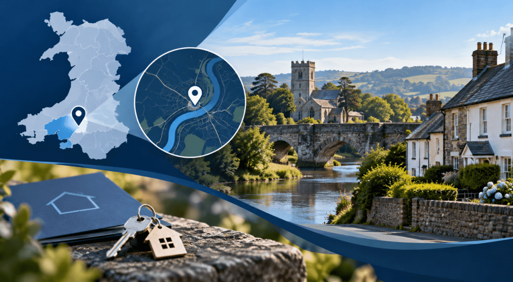 Mortgage Broker in Abergwili location map with Welsh village homes, river, stone bridge and house key.