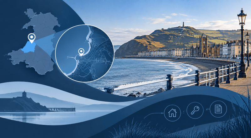 Mortgage Broker in Aberystwyth location map with coastal promenade, seafront and Ceredigion landscape.