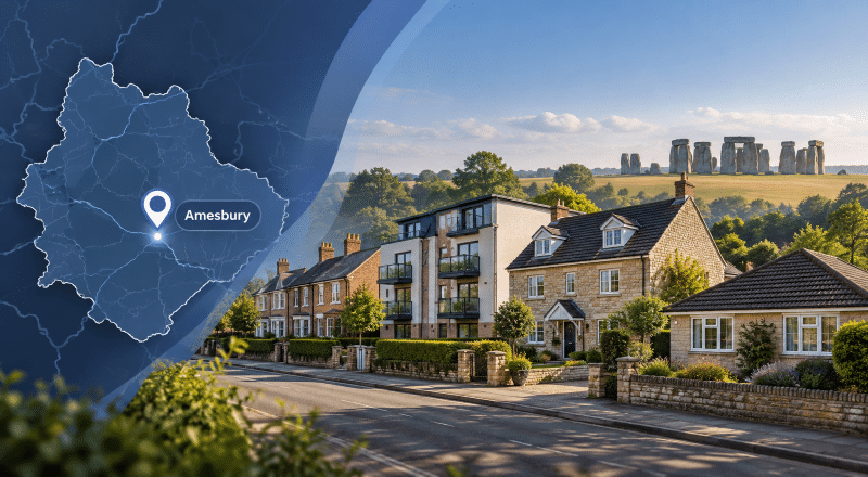 Mortgage Broker in Amesbury hero image showing an Amesbury location pin on a map, a street with mixed property types, and Stonehenge in the background in Connect’s dark and light blue branded style.