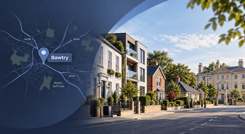Mortgage Broker in Bawtry map with location pin and South Yorkshire residential street.