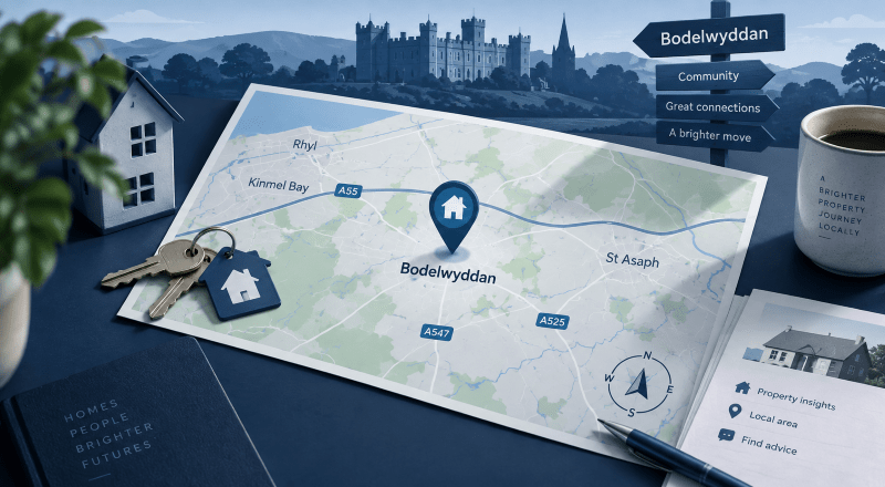 Mortgage Broker in Bodelwyddan location map with property icons, house keys and local area markers in blue tones.