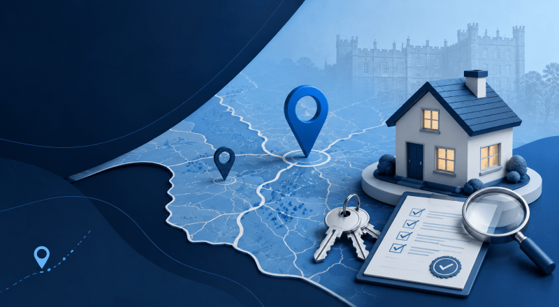 Mortgage Broker in Bolsover – location map with property, keys and mortgage document icons in Connect Experts dark blue and light blue branding.